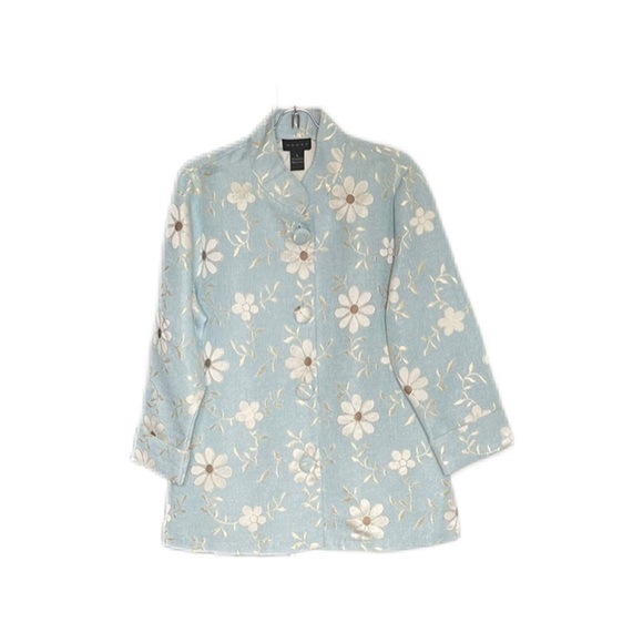 Weavz Light Blue Floral Print Silver Gold Jacket Blazer Women’s Size Large - Picture 1 of 10